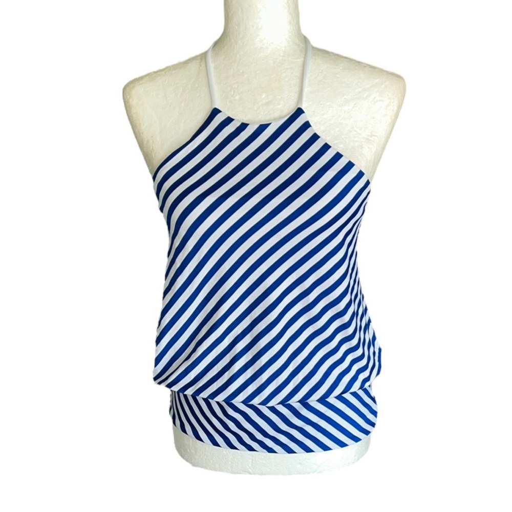 Susana Monaco Blue & White Nautical Striped Print Halter Blouson Tank Top - S
